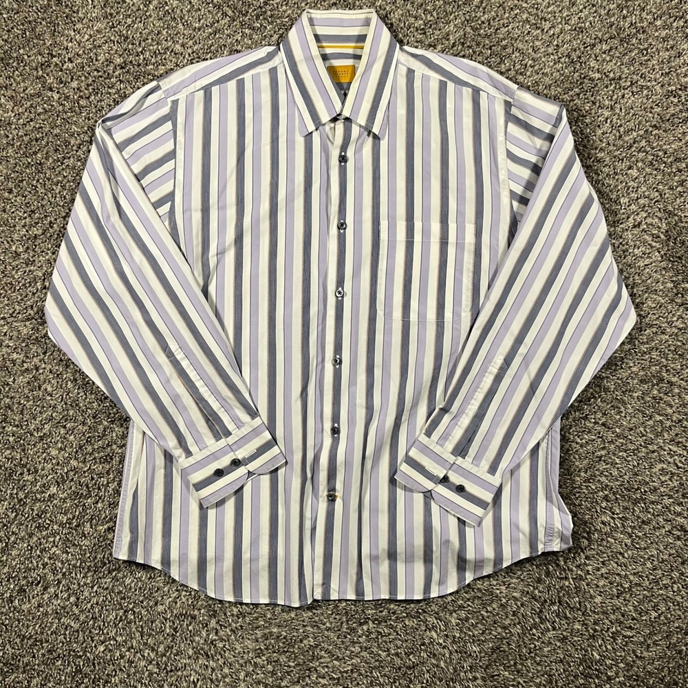 Robert Talbott Carmel Mens Large Striped Cotton Button Up Shirt Purple Blue